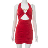 Women’s Heart Print Metal Embellished Halter Neck Low Back Cutout Bodycon Mini Dress