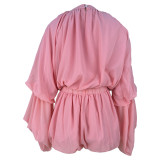 Women's Casual Solid Color Shorts & Round Neck Lantern Sleeve Top Two-Piece Set
