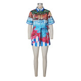 Women’s Print Short Sleeve T-shirt & Shorts Color-Block Holiday Casual Set