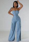 Casual Stylish Strapless Women’s Pockets Cargo Denim Jumpsuit