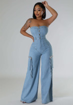 Casual Stylish Strapless Women’s Pockets Cargo Denim Jumpsuit