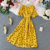 V-Neck Short Sleeve Belted Slim Waist Beach Holiday Summer Dress