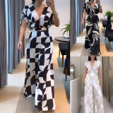 Geometric Print Short Sleeve Wide-Leg V-Neck Jumpsuit