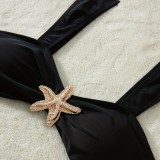 Strappy Solid Color Starfish Metal Accent Beach Low-Rise Bikini