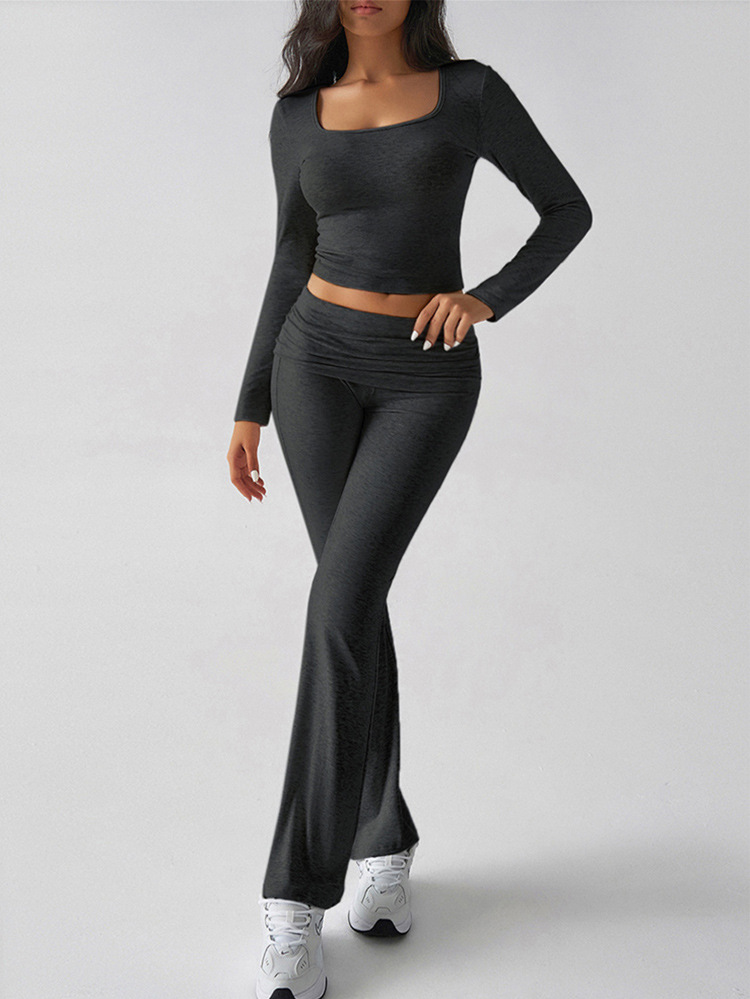 Autumn/Winter Y2K Casual Fitted U-Neck Long Sleeve Top & Flared Pants Set