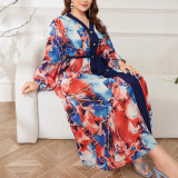 Plus Size Trendy Crisscross V-Neck Lantern Sleeve Slim Waist Print Chic Dress