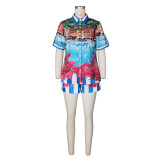 Women’s Print Short Sleeve T-shirt & Shorts Color-Block Holiday Casual Set