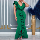 Fashion Women's Summer Solid Color V-Neck Slit Mermaid Maxi Dress