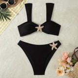 Strappy Solid Color Starfish Metal Accent Beach Low-Rise Bikini