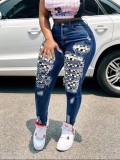 Women's Sexy Patch Detail Button Tight-Fitting Casual Stretch Ripped Denim Pants