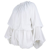 Women's Casual Solid Color Shorts & Round Neck Lantern Sleeve Top Two-Piece Set