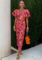 Printed V-Neck Slim Waist Puff Sleeve Bodycon Dress