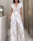 Geometric Print Short Sleeve Wide-Leg V-Neck Jumpsuit