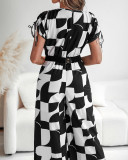 Geometric Print Short Sleeve Wide-Leg V-Neck Jumpsuit