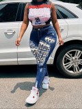 Women's Sexy Patch Detail Button Tight-Fitting Casual Stretch Ripped Denim Pants