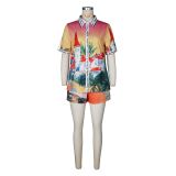 Women’s Print Short Sleeve T-shirt & Shorts Color-Block Holiday Casual Set