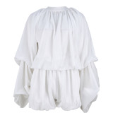 Women's Casual Solid Color Shorts & Round Neck Lantern Sleeve Top Two-Piece Set