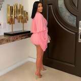 Women's Casual Solid Color Shorts & Round Neck Lantern Sleeve Top Two-Piece Set