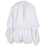 Women's Casual Solid Color Shorts & Round Neck Lantern Sleeve Top Two-Piece Set