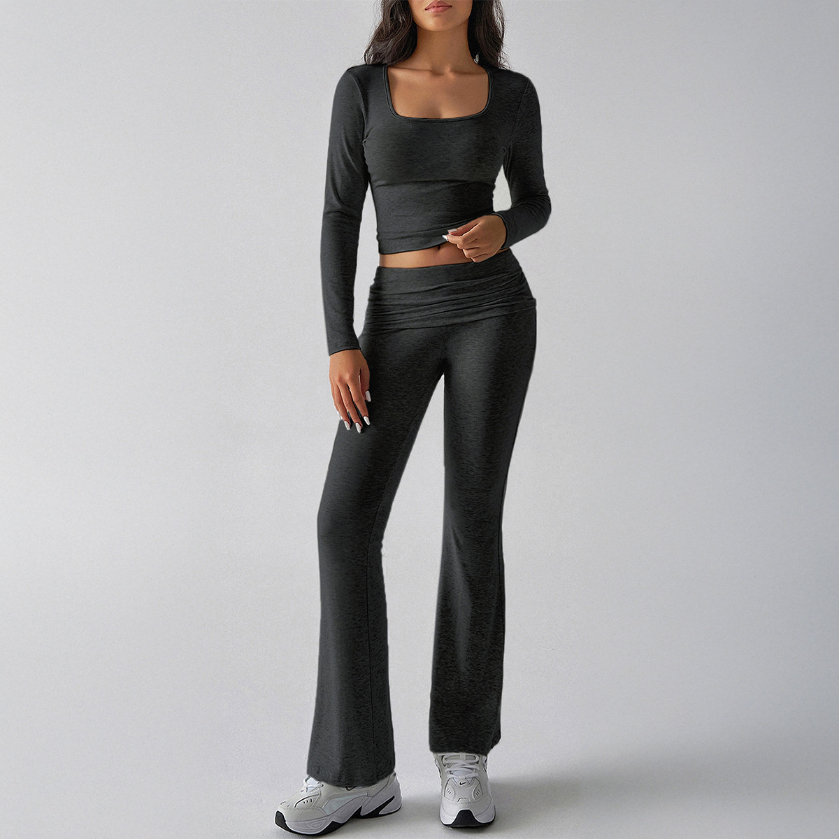 Autumn/Winter Y2K Casual Fitted U-Neck Long Sleeve Top & Flared Pants Set