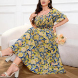 Plus Size Floral Square Neck Puff Sleeve Summer Slim Waist Chic A-Line Maxi Dress