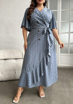Plus Size Summer V-Neck Lace-Up Slim Waist Polka Dot Dress