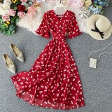 V-Neck Short Sleeve Belted Slim Waist Beach Holiday Summer Dress