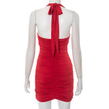 Women’s Heart Print Metal Embellished Halter Neck Low Back Cutout Bodycon Mini Dress
