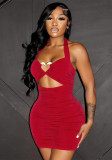 Women’s Heart Print Metal Embellished Halter Neck Low Back Cutout Bodycon Mini Dress