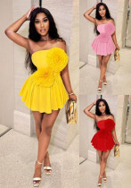 Summer Flower Embellished Strapless High-Waist A-Line Mini Dress