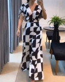 Geometric Print Short Sleeve Wide-Leg V-Neck Jumpsuit