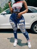 Women's Sexy Patch Detail Button Tight-Fitting Casual Stretch Ripped Denim Pants