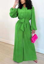 Fashion Women's Lantern Sleeve Solid Color Slim Waist Tie-Front Wide-Leg Jumpsuit Fashion Women's Lantern Sleeve Solid Color Slim Waist Tie-Front Wide-Leg Jumpsuit