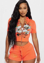 Short Sleeve Print Crop Hoodies & Shorts Set Short Sleeve Print Crop Hoodies & Shorts Set