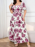 Plus Size Chic Lady Short Sleeve Square Neck Slim Waist Elegant Floral Maxi Dress