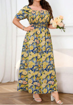 Plus Size Floral Square Neck Puff Sleeve Summer Slim Waist Chic A-Line Maxi Dress