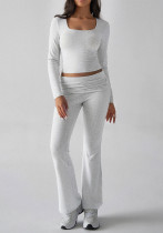 Autumn/Winter Y2K Casual Fitted U-Neck Long Sleeve Top & Flared Pants Set