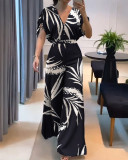 Geometric Print Short Sleeve Wide-Leg V-Neck Jumpsuit