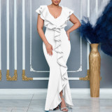 Fashion Women's Summer Solid Color V-Neck Slit Mermaid Maxi Dress