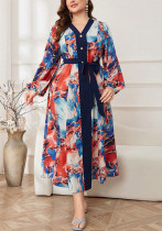 Plus Size Trendy Crisscross V-Neck Lantern Sleeve Slim Waist Print Chic Dress