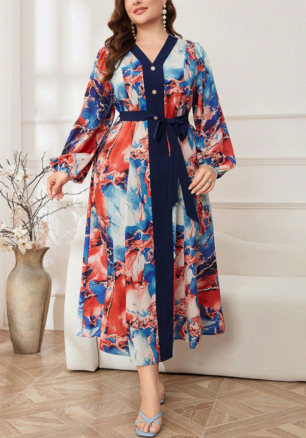 Plus Size Trendy Crisscross V-Neck Lantern Sleeve Slim Waist Print Chic Dress