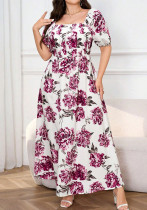 Plus Size Chic Lady Short Sleeve Square Neck Slim Waist Elegant Floral Maxi Dress