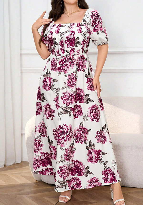 Plus Size Chic Lady Short Sleeve Square Neck Slim Waist Elegant Floral Maxi Dress