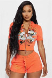 Short Sleeve Print Crop Hoodies & Shorts Set