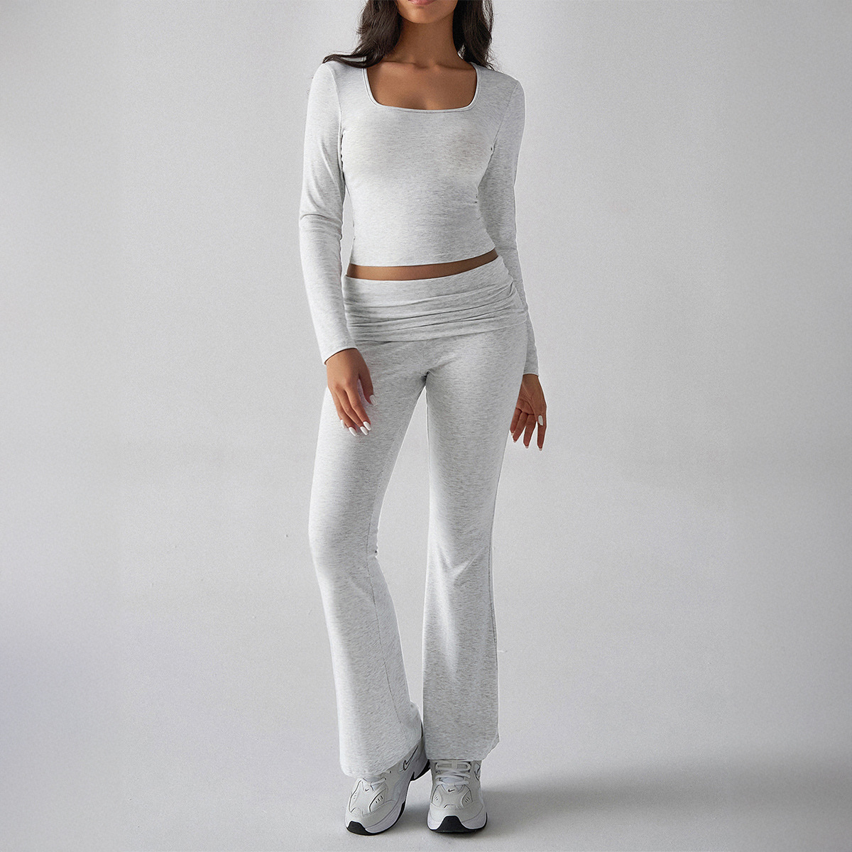 Autumn/Winter Y2K Casual Fitted U-Neck Long Sleeve Top & Flared Pants Set