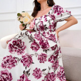 Plus Size Chic Lady Short Sleeve Square Neck Slim Waist Elegant Floral Maxi Dress