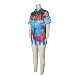 Women’s Print Short Sleeve T-shirt & Shorts Color-Block Holiday Casual Set