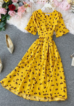 V-Neck Short Sleeve Belted Slim Waist Beach Holiday Summer Dress