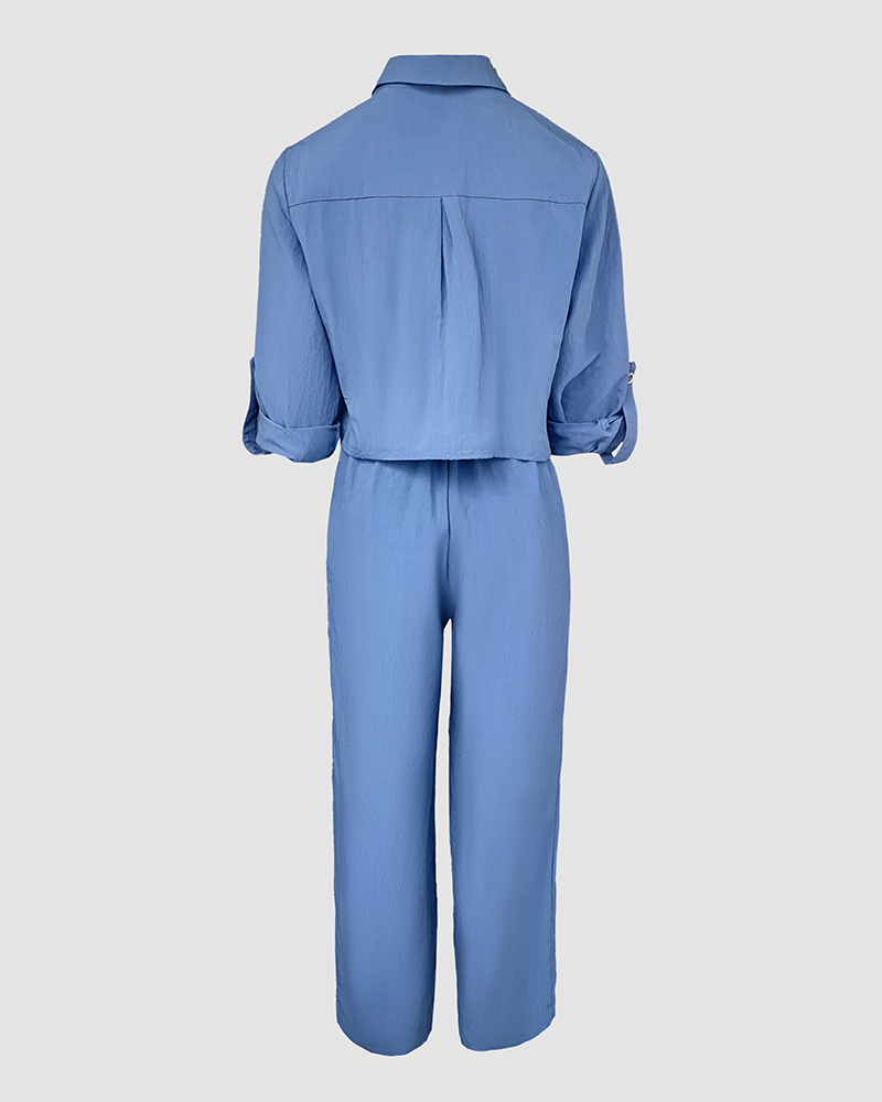 Women's Fashion Long Sleeve Crop Top & Wide-Leg Pants Set