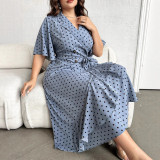 Plus Size Summer V-Neck Lace-Up Slim Waist Polka Dot Dress